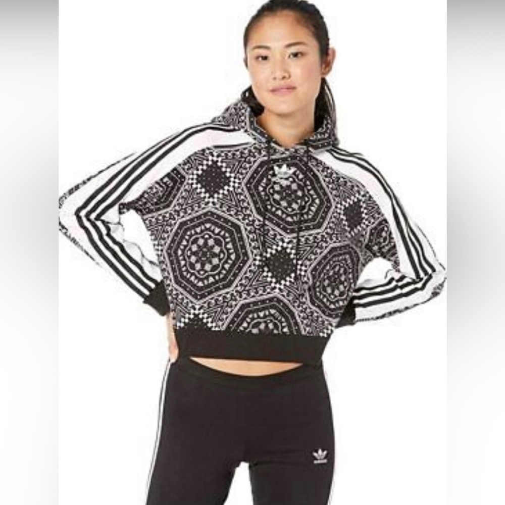 Adidas Cropped Hoodie Kaleidoscope Bandana Print Black White Sweatshirt sz M